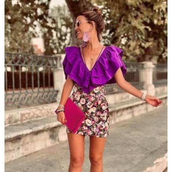 Zara Purple One Piece Swimsuit Bodysuit Top V-Neck Ruffles Cheeky Size Large - Picture 11 of 12